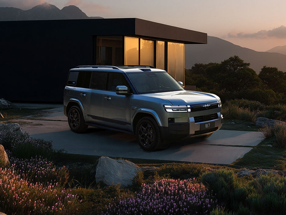 Silver Fangchengbao Tai 7 large five-seat SUV outside a modern hillside home